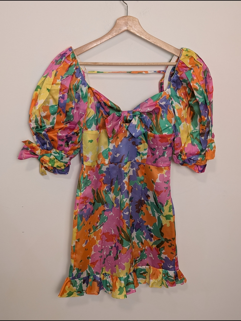 Alessandra Rich Colorful Silk Floral Puff-Sleeve Mini Dress Size 38 / 2 New